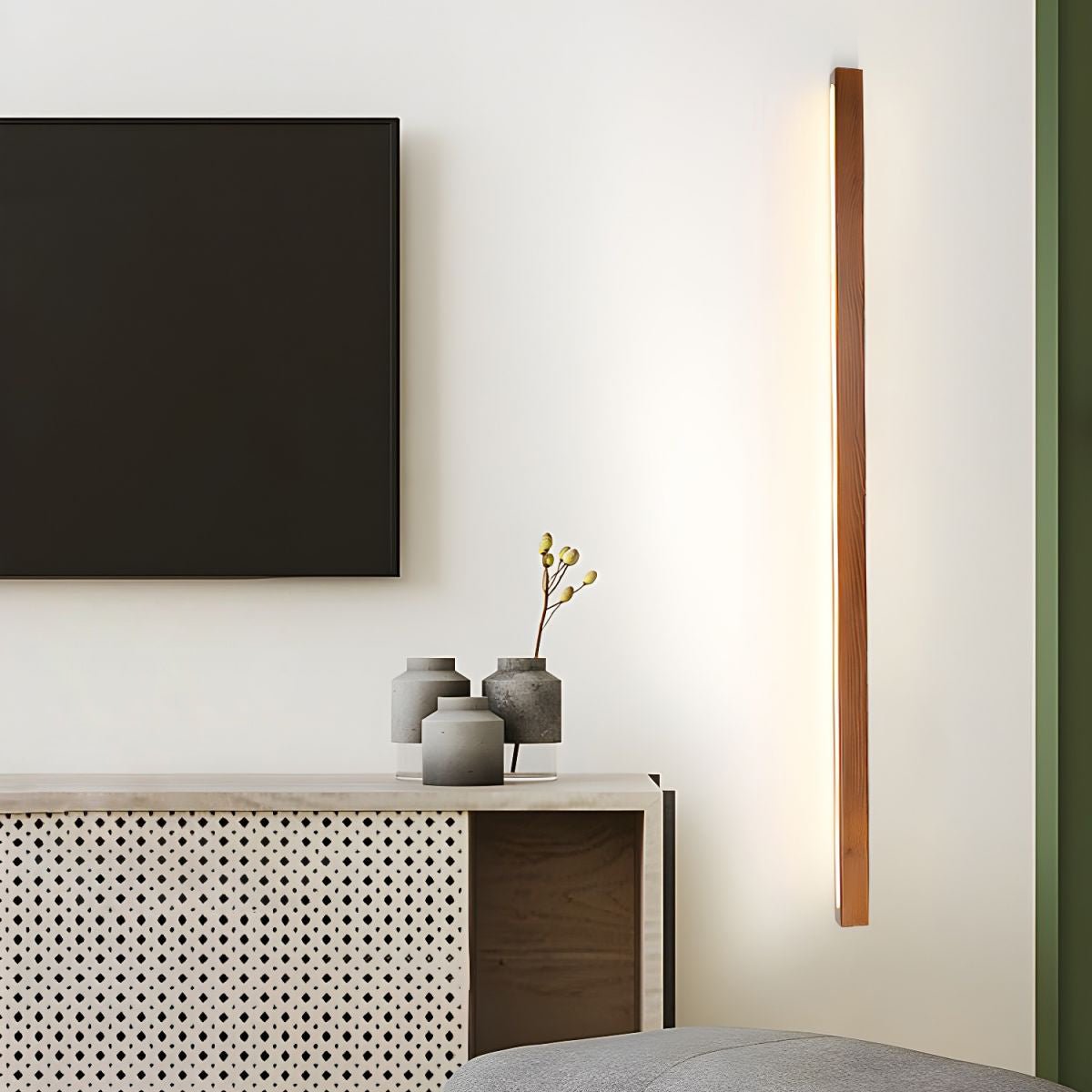 Linear LED wood wall sconce in pine close detail view 32
