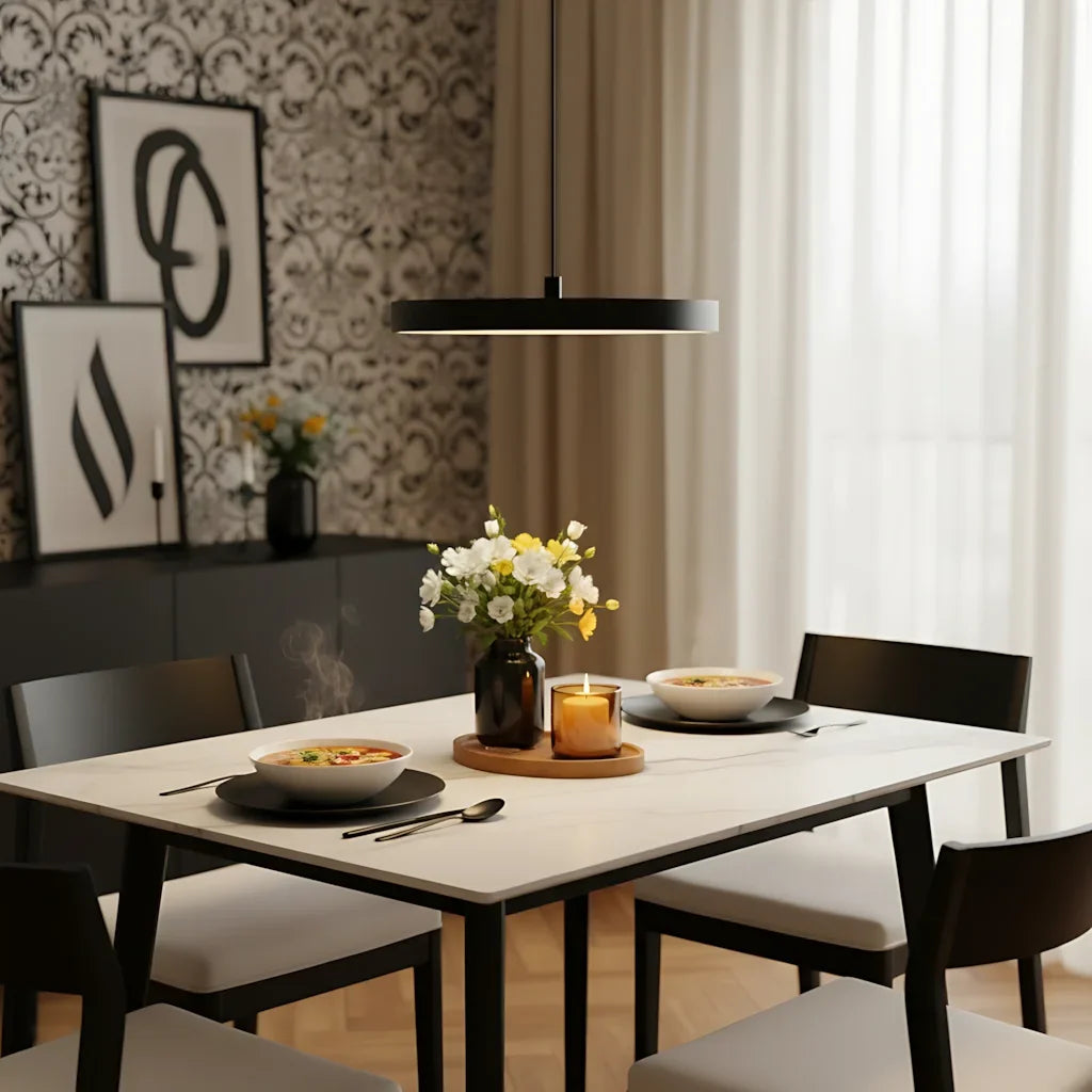 Black disc pendant lit warmly to show its even glare free output