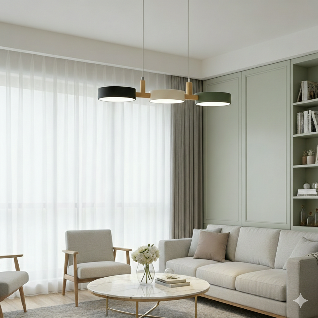 Linear pendant light with black, cream and green drums in a sage living room