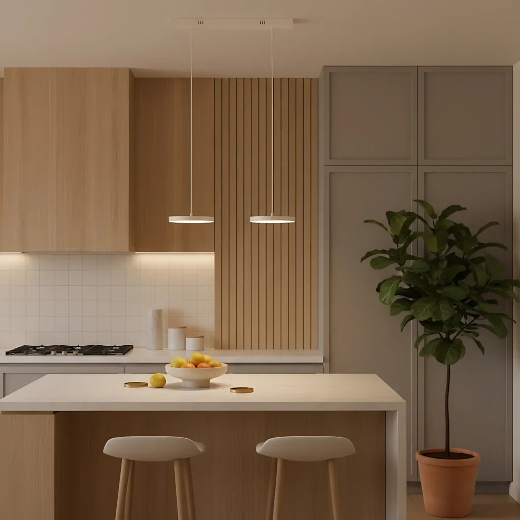 Sage green pendant discs paired above a dining table in a calm interior
