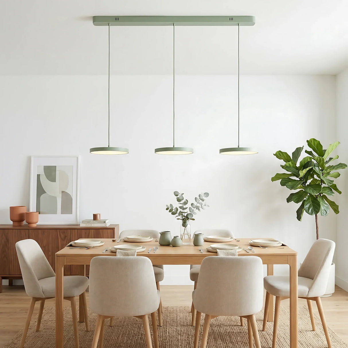 White disc pendants lighting a bright open plan kitchen and dining space