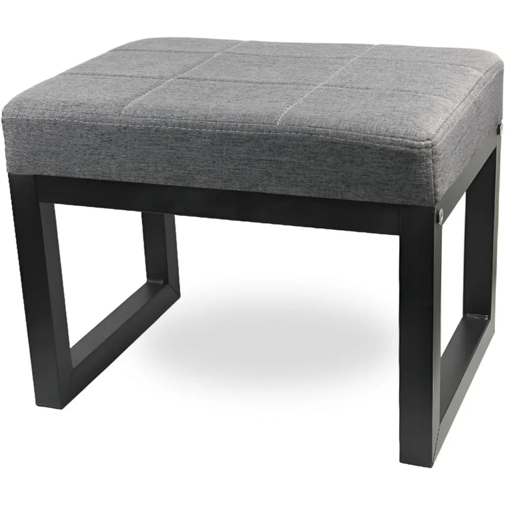 Foot Rest Ottoman – Rectangular Linen Stool With Metal Legs Dark Grey.