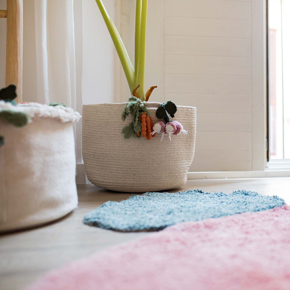 Hand-Braided Cotton Veggies Storage Basket with Playful Stuffed Accents