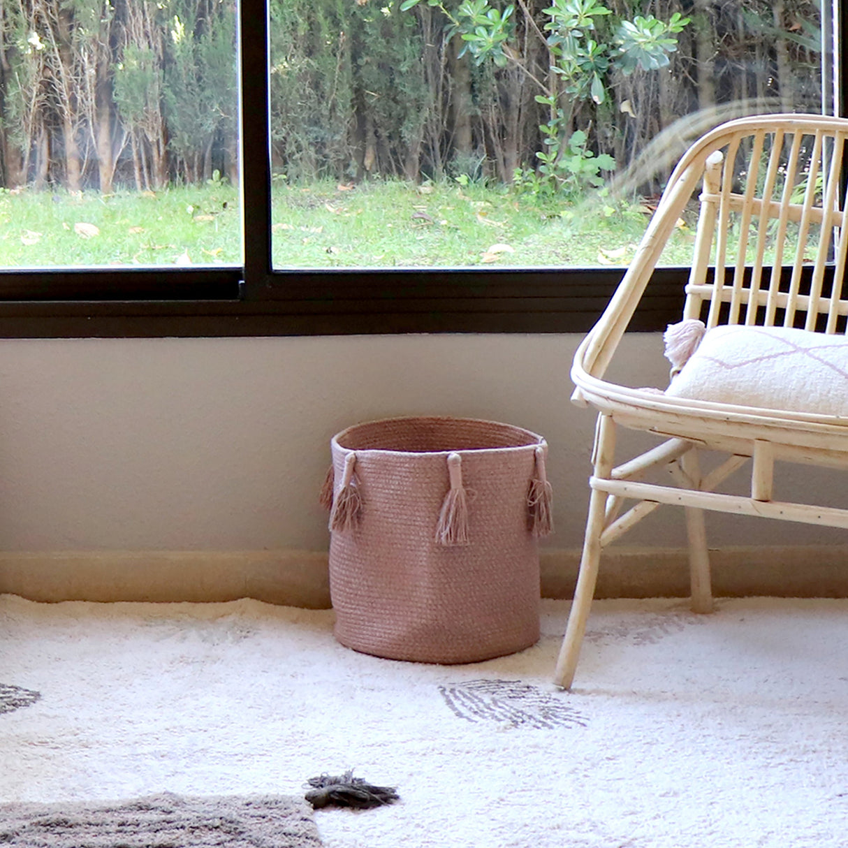 Handmade Cotton Woody Storage Basket with Tassels, Eco-Friendly Organizer