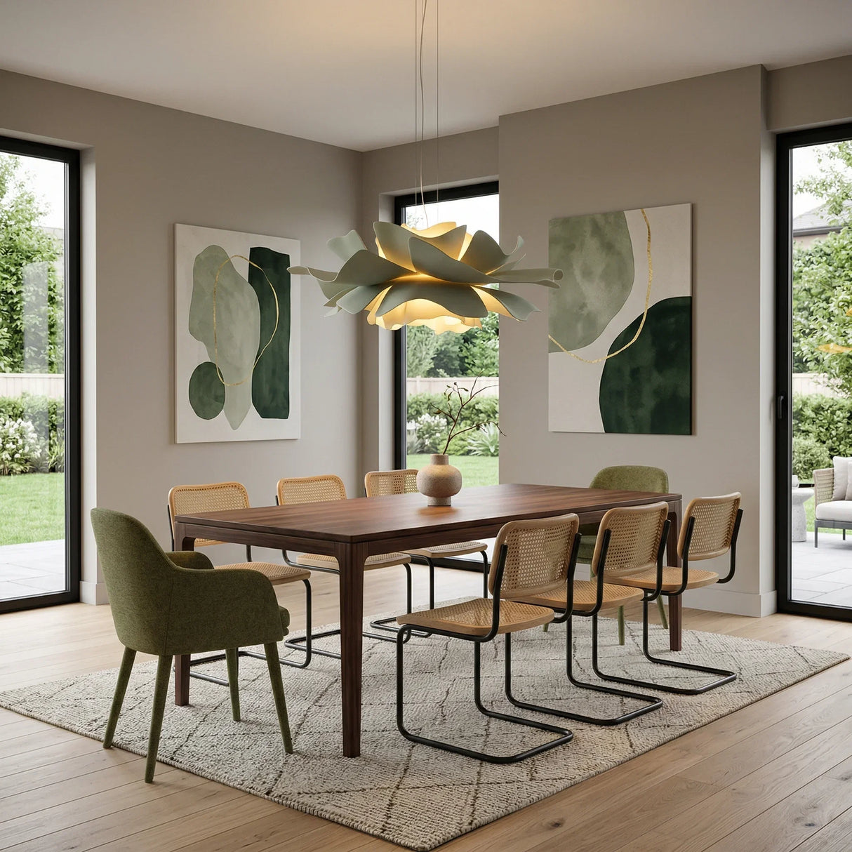 Sage green lotus pendant light over a wood dining table with green art