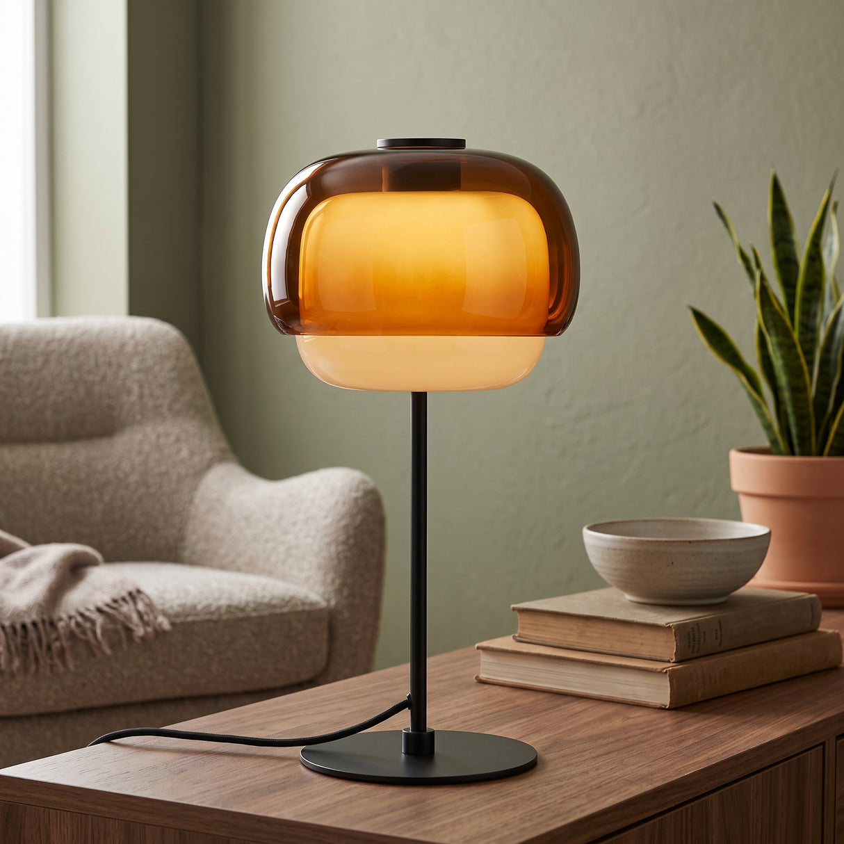 Amber domed glass table lamp with black stem and round metal base on a wood cabinet