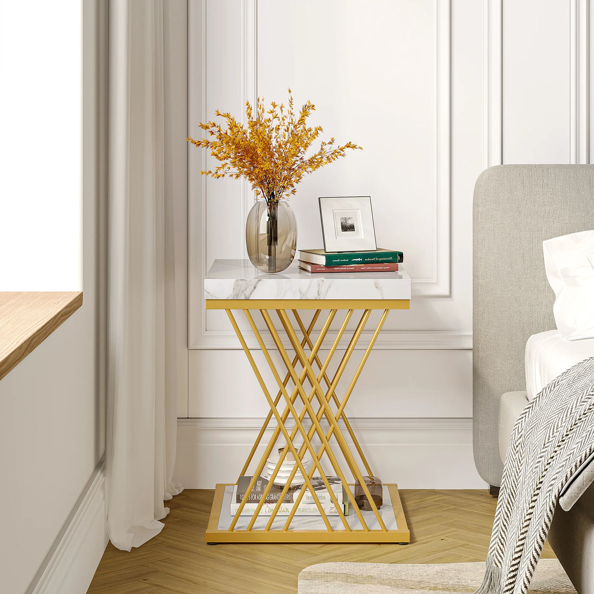 marble 2 tier side table with gold legs in modern bedroom