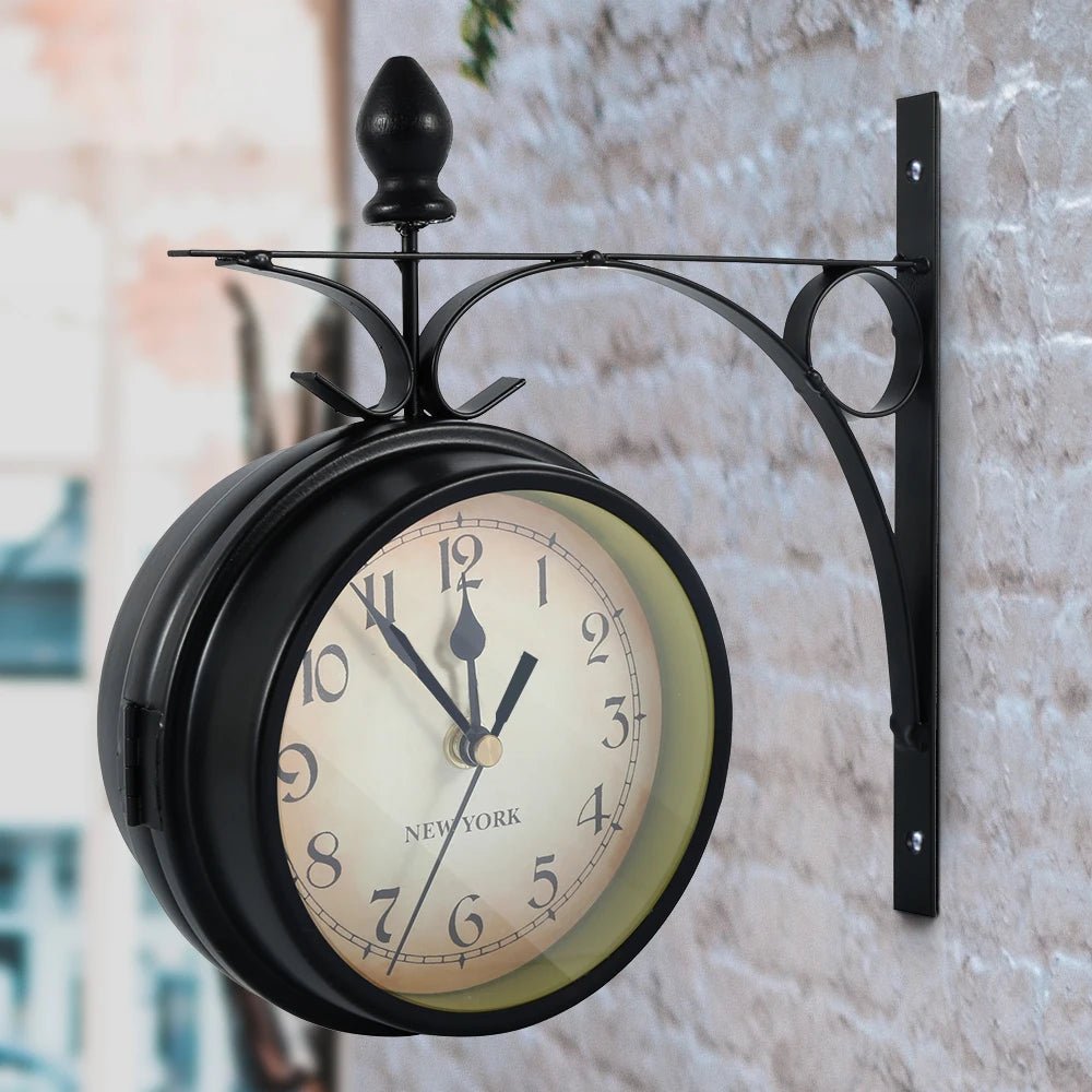 Metal Wall Clock - Antique Retro Double - Sided Silent Clock for Home and Office Decor - Hurbane Home