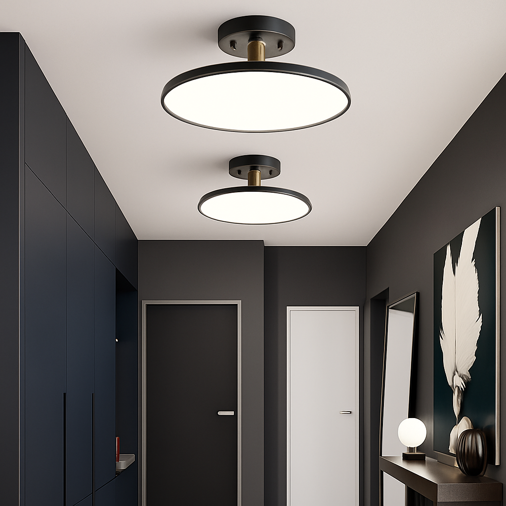 Two black disc lights lit in a dark panelled hallway