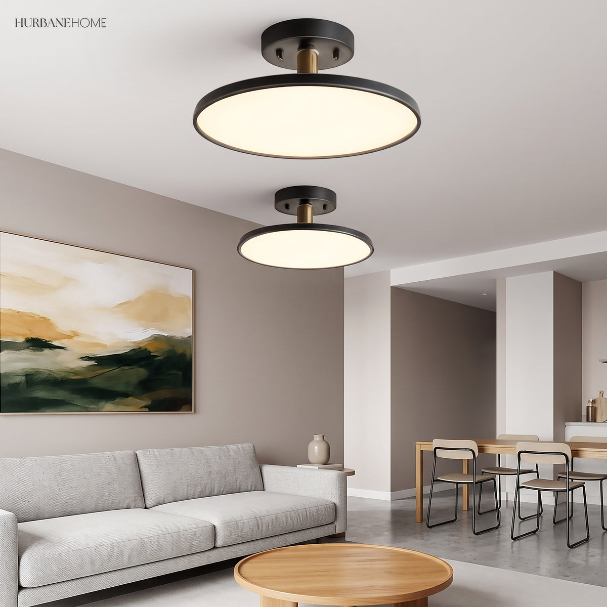 Two black disc ceiling lights lit above a sofa and coffee table
