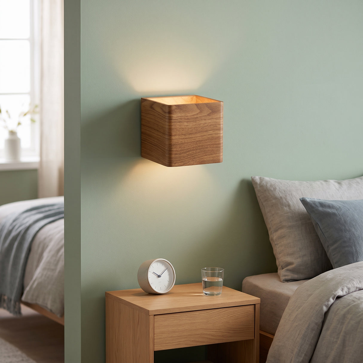 Wood cube wall sconce lit on a green wall beside a bed