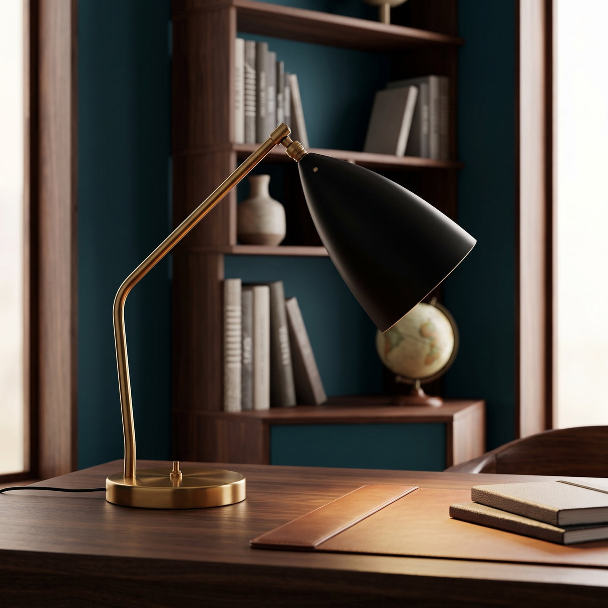 Black conical shade brass task lamp on a wooden desk