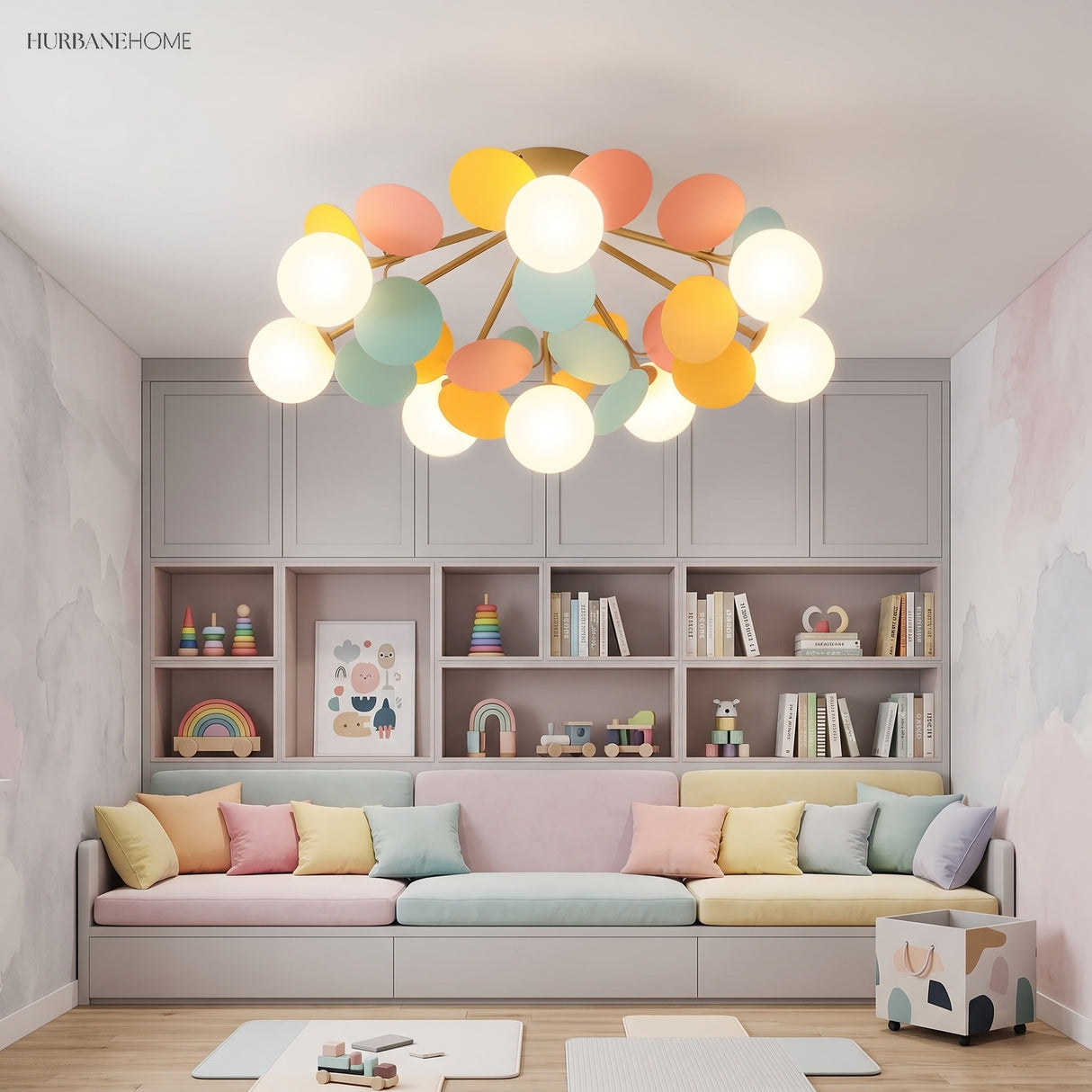 Pastel cluster ceiling light lit above a desk in a green and yellow study