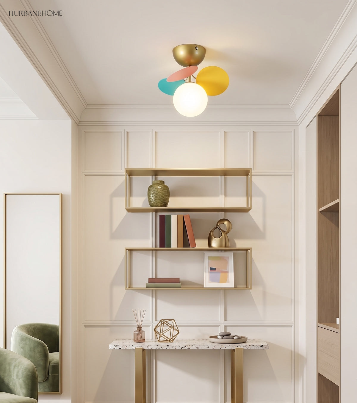 Modern flush mount ceiling light with acrylic discs close detail view 2