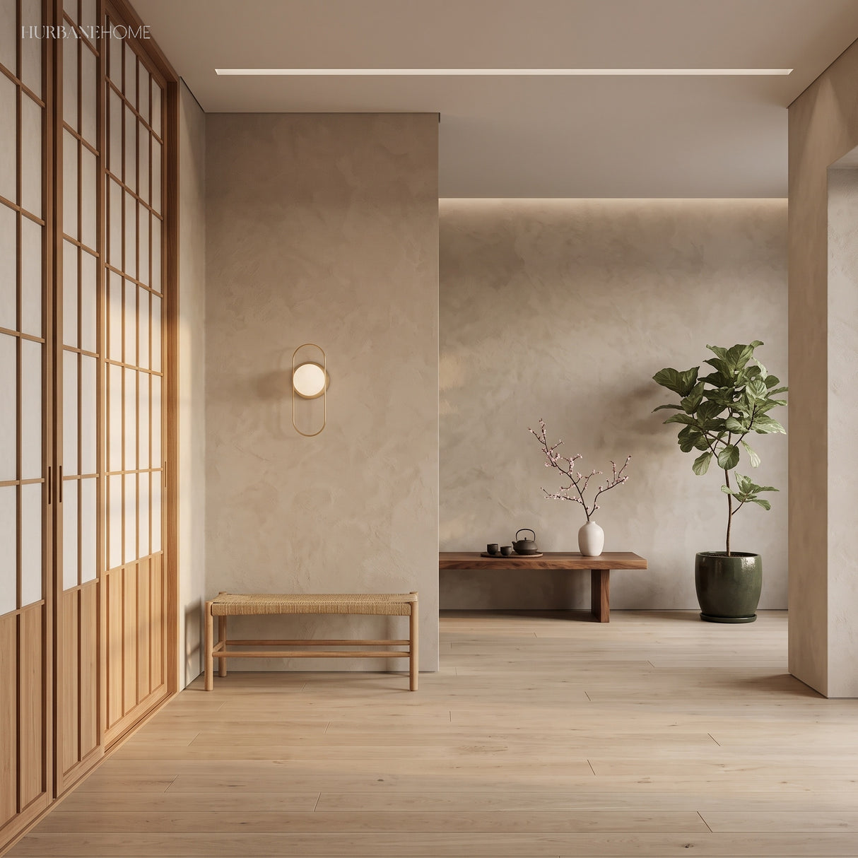Globe wall sconce lit in a pale hallway beside slatted screens and a bench