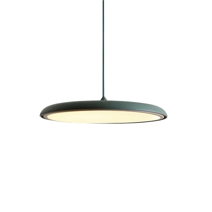White disc pendant light shown lit against a soft neutral background