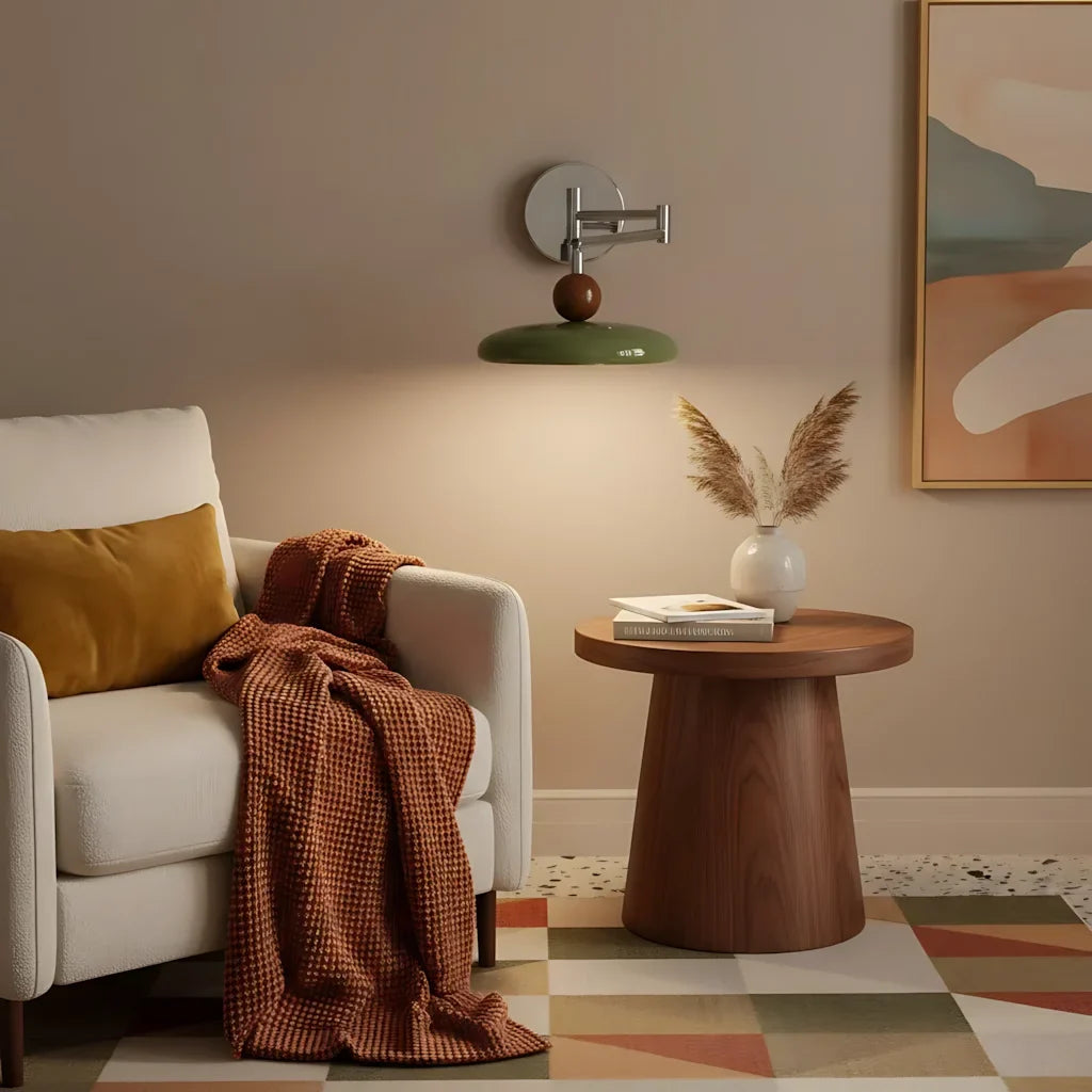 Modern LED wall sconce with disc shade in a neutral room setting