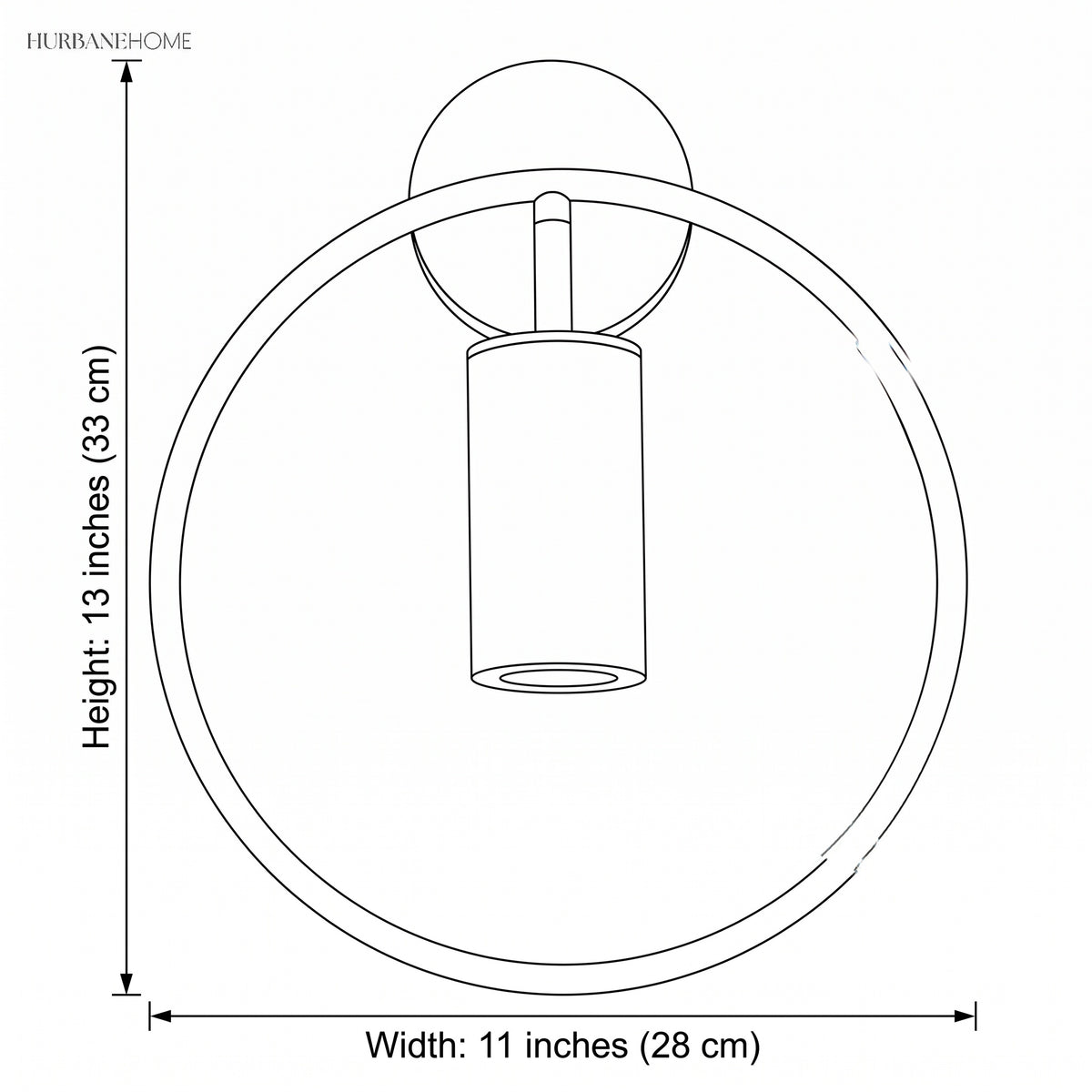 Line drawing showing 13 in height and 11 in width of the ring