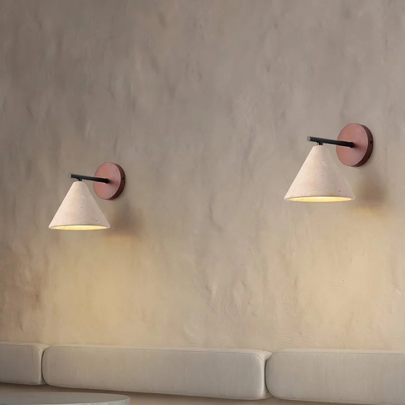 Modern travertine wall sconce with walnut wood backplate