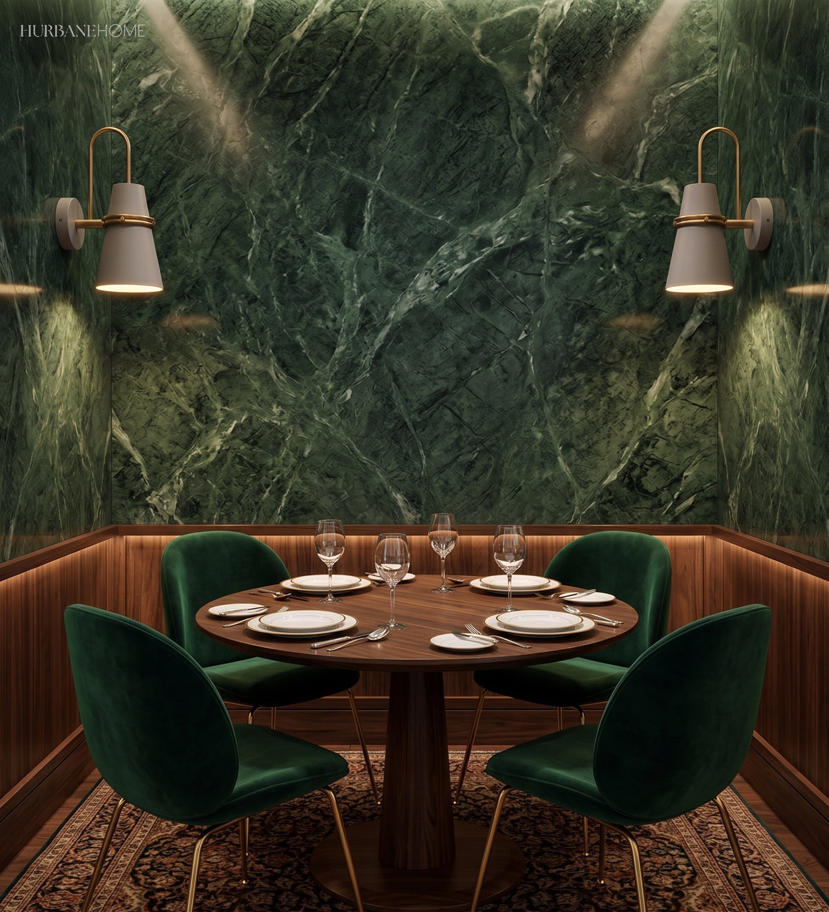 White cone sconces mounted on a green marble restaurant wall