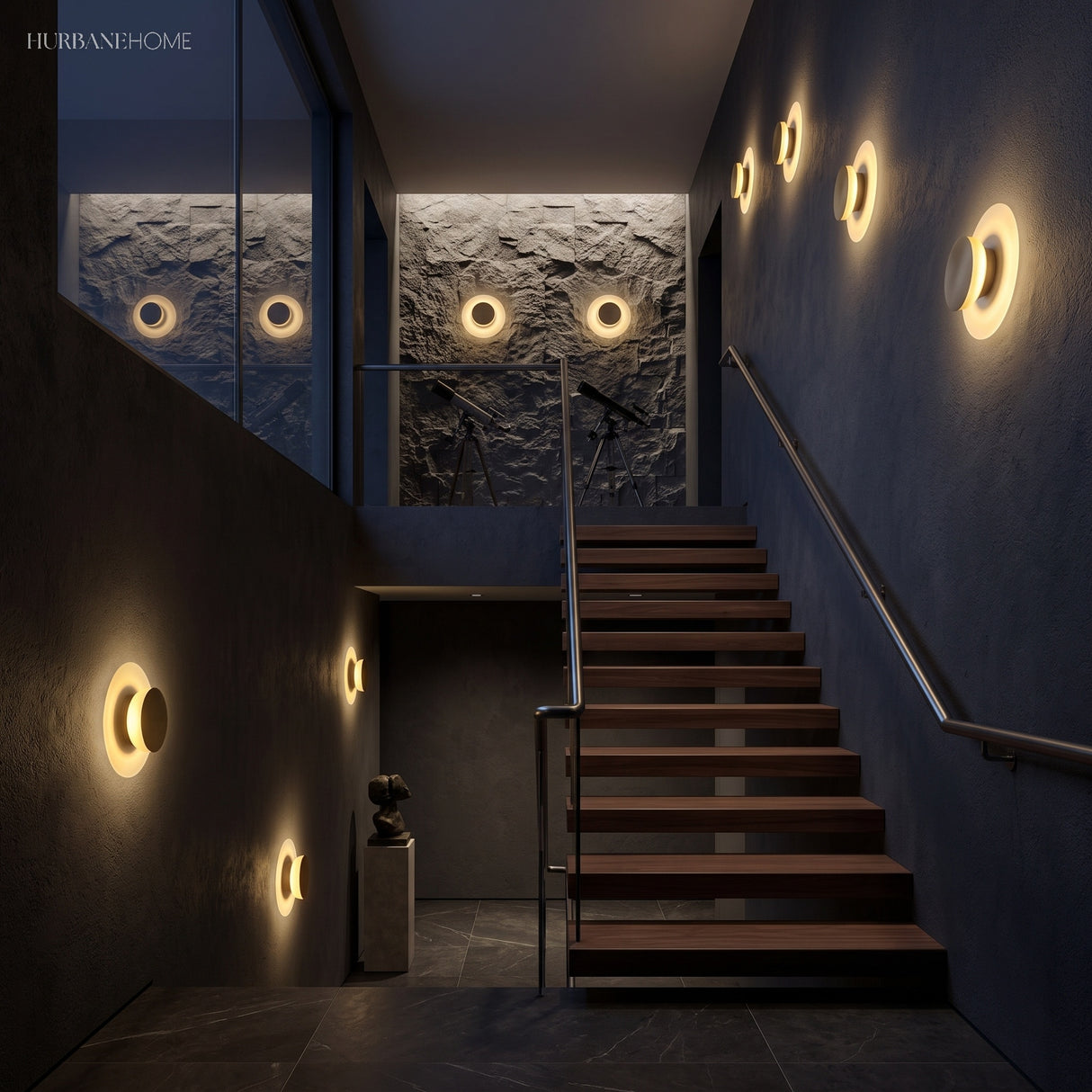 Row of moon disc sconces lighting a timber staircase wall