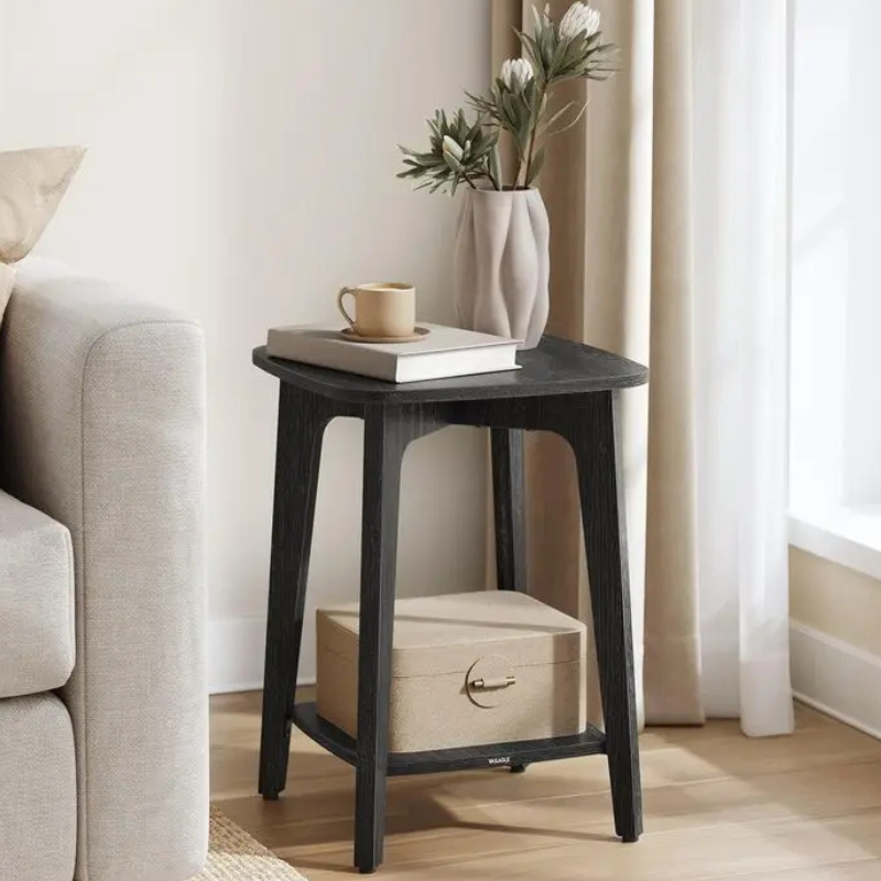 modern wooden side table with tapered legs and storage shelf
