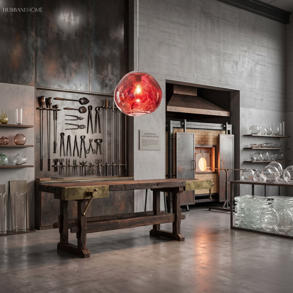 Copper molten pendant hanging in a raw concrete kitchen with a timber worktable