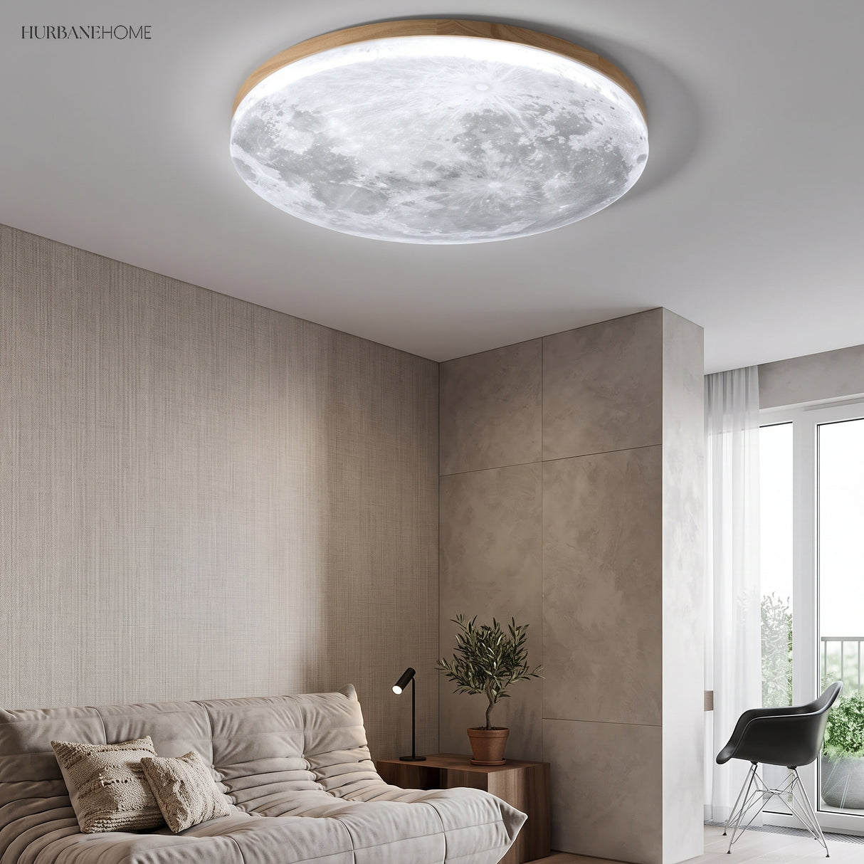Cool white moon ceiling light over a minimalist living room with a sofa