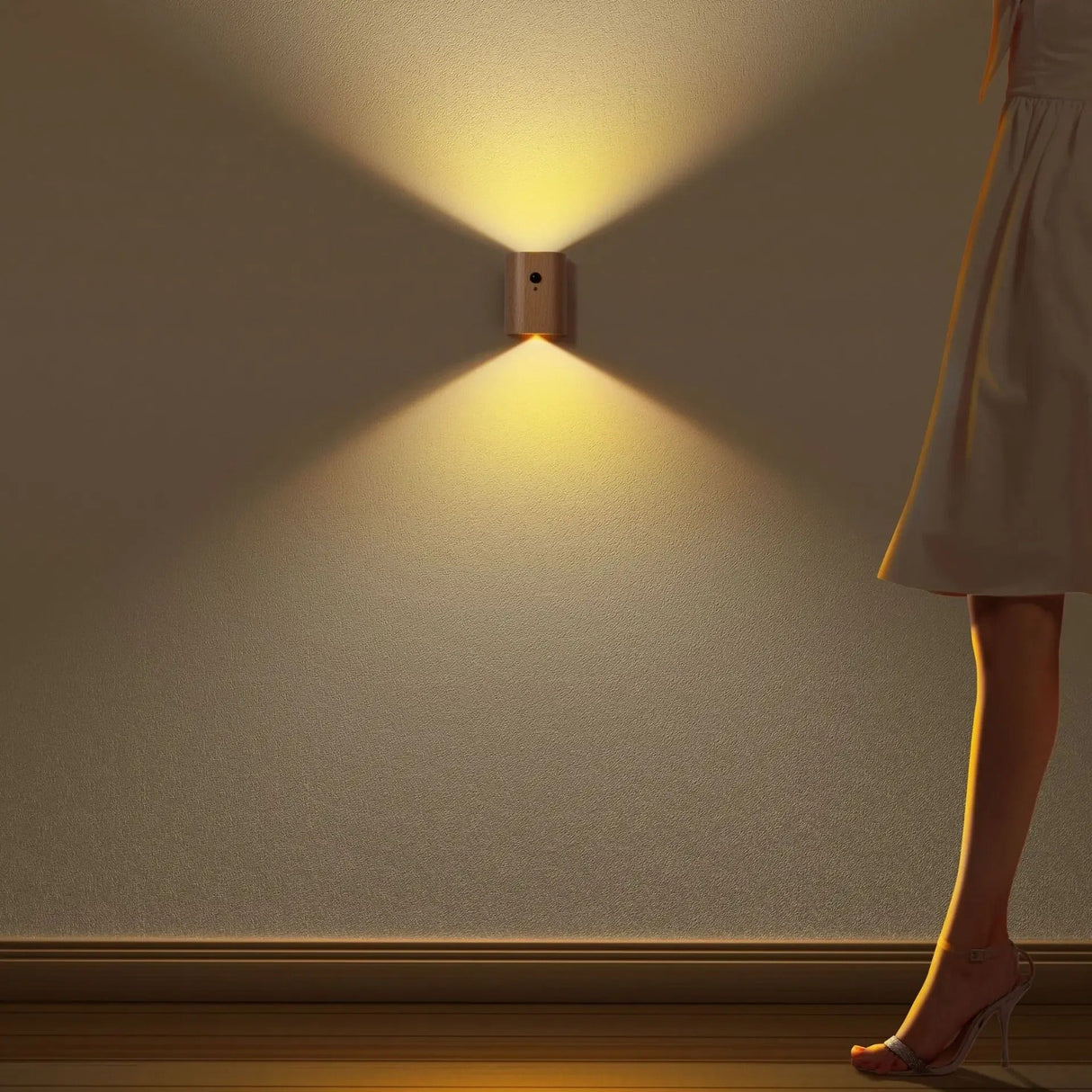 Wood sensor wall light lit as a person walks past a plain wall