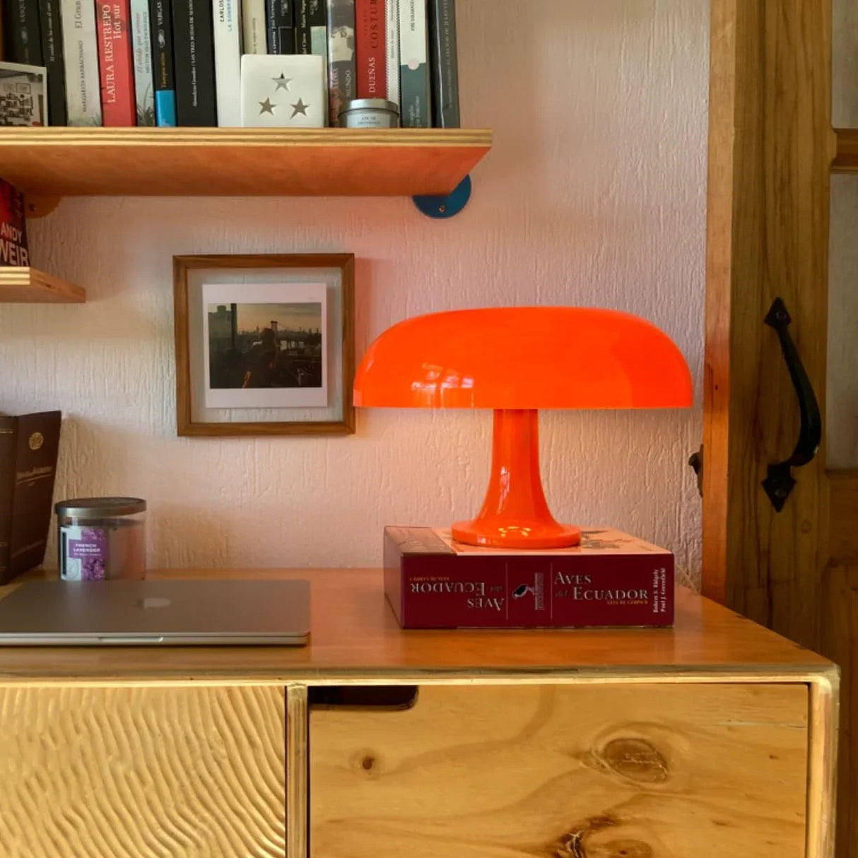 Mushroom table lamp with a domed shade and pedestal base, product view