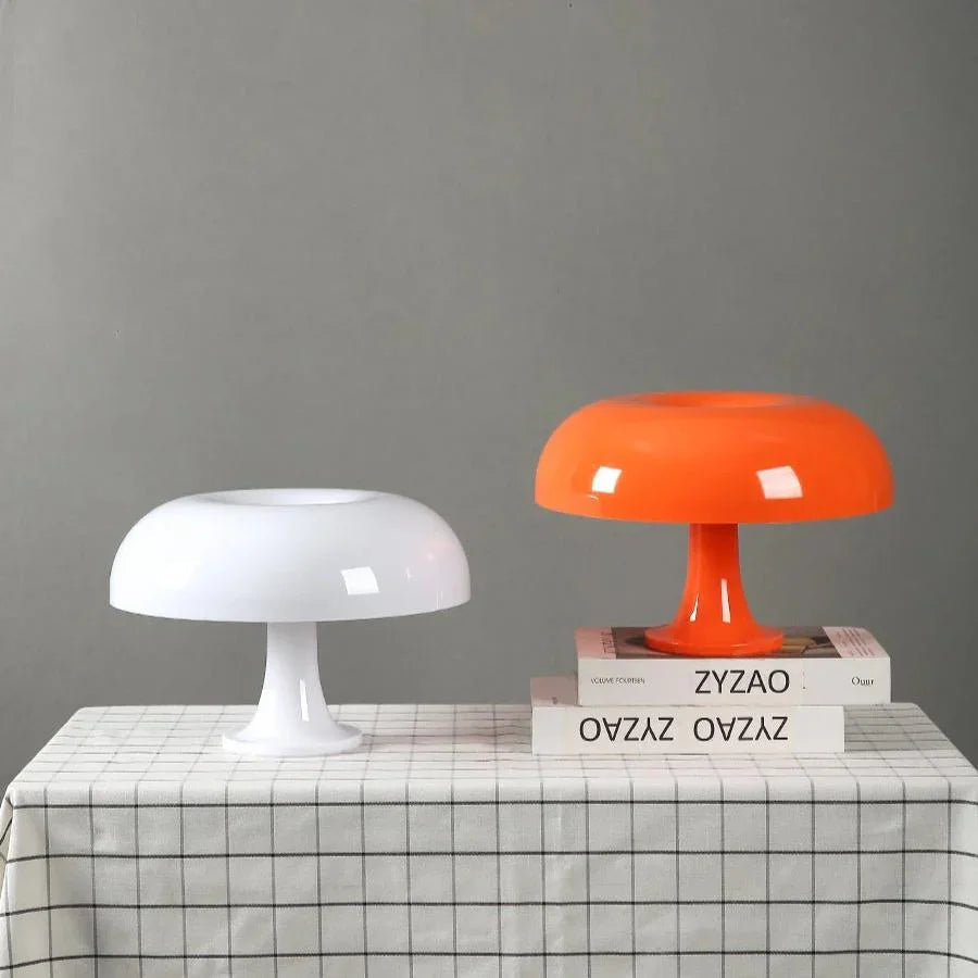 Retro mushroom table lamp shown against a plain background
