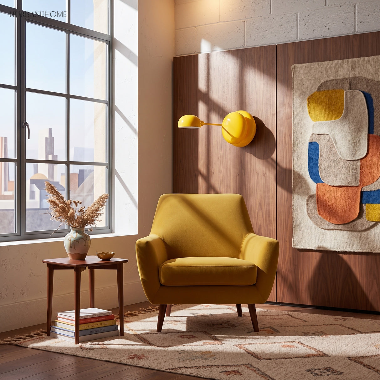 Mustard yellow glass wall sconce beside a matching armchair and window