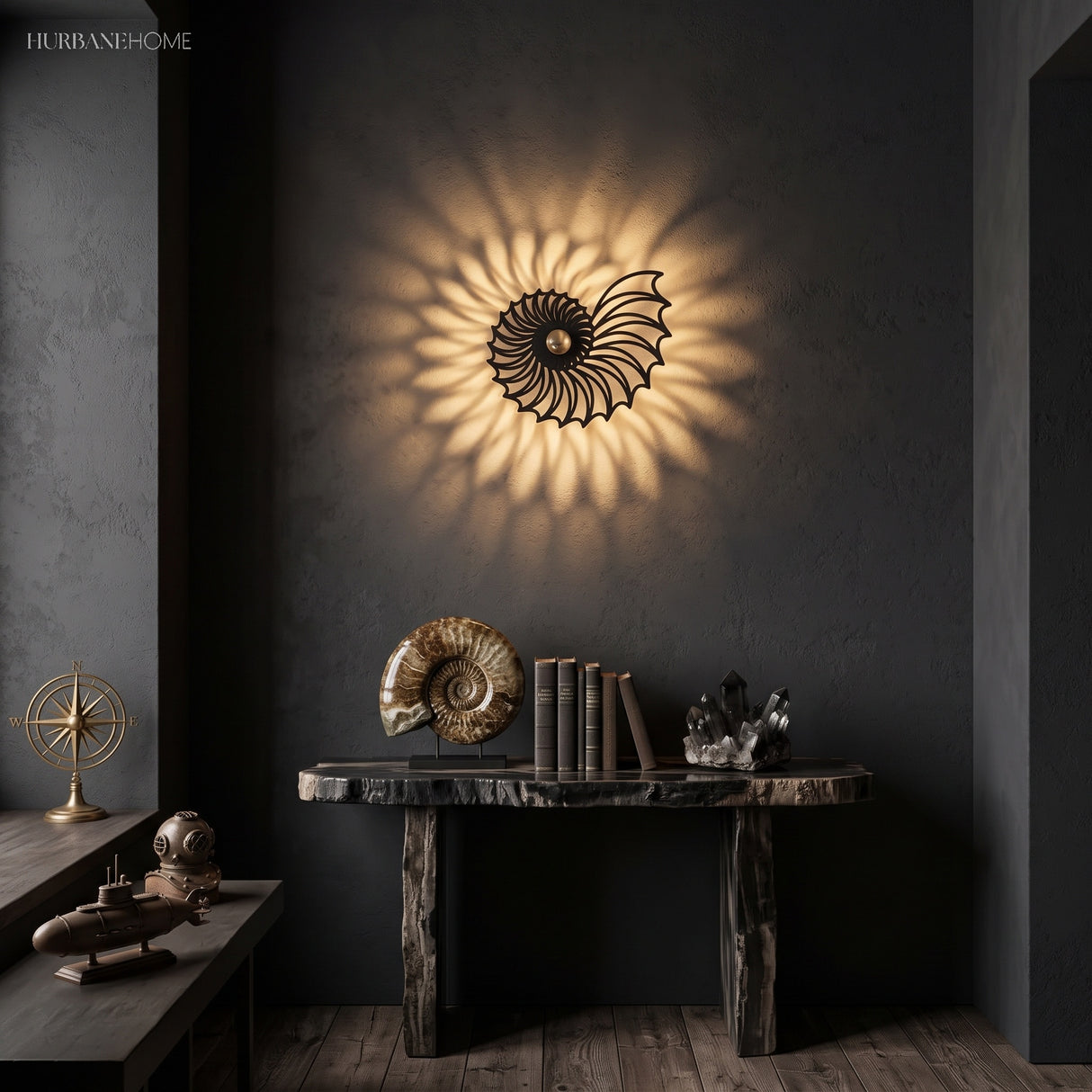 Nautilus shell wall light on a dark charcoal wall