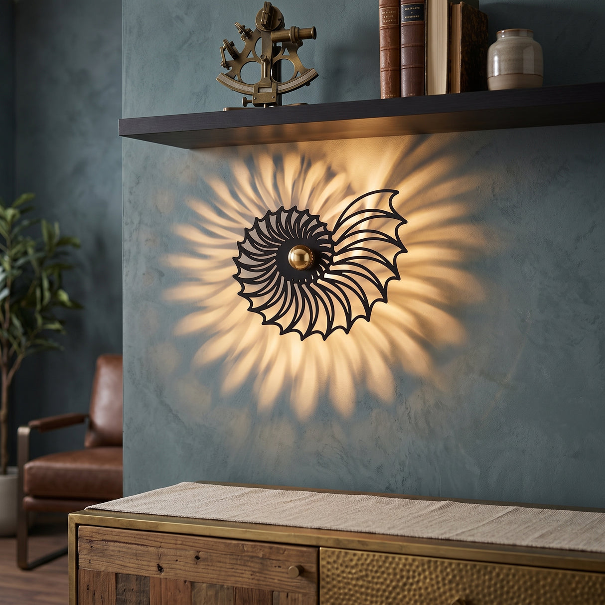Black nautilus shell design decorative wall light mounted on a teal wall casting a radiating shadow pattern