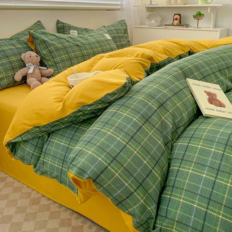 Nordic Plaid Cotton Bedding Set - Soft Cotton Duvet Cover with Pillowcases & Sheet - Hurbane Home