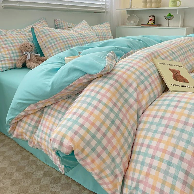 Nordic Plaid Cotton Bedding Set - Soft Cotton Duvet Cover with Pillowcases & Sheet - Hurbane Home