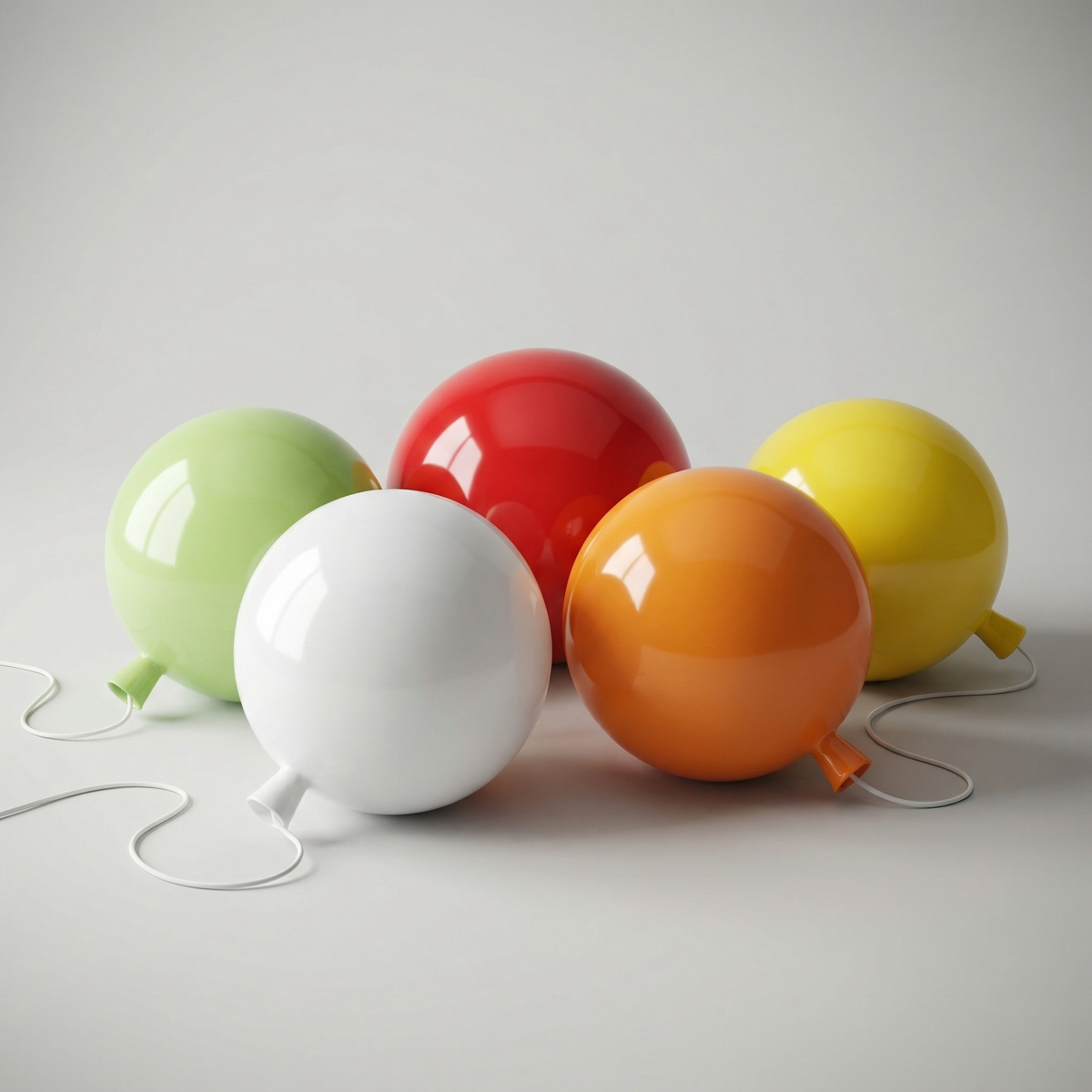 Five balloon shades in green, red, white, orange and yellow