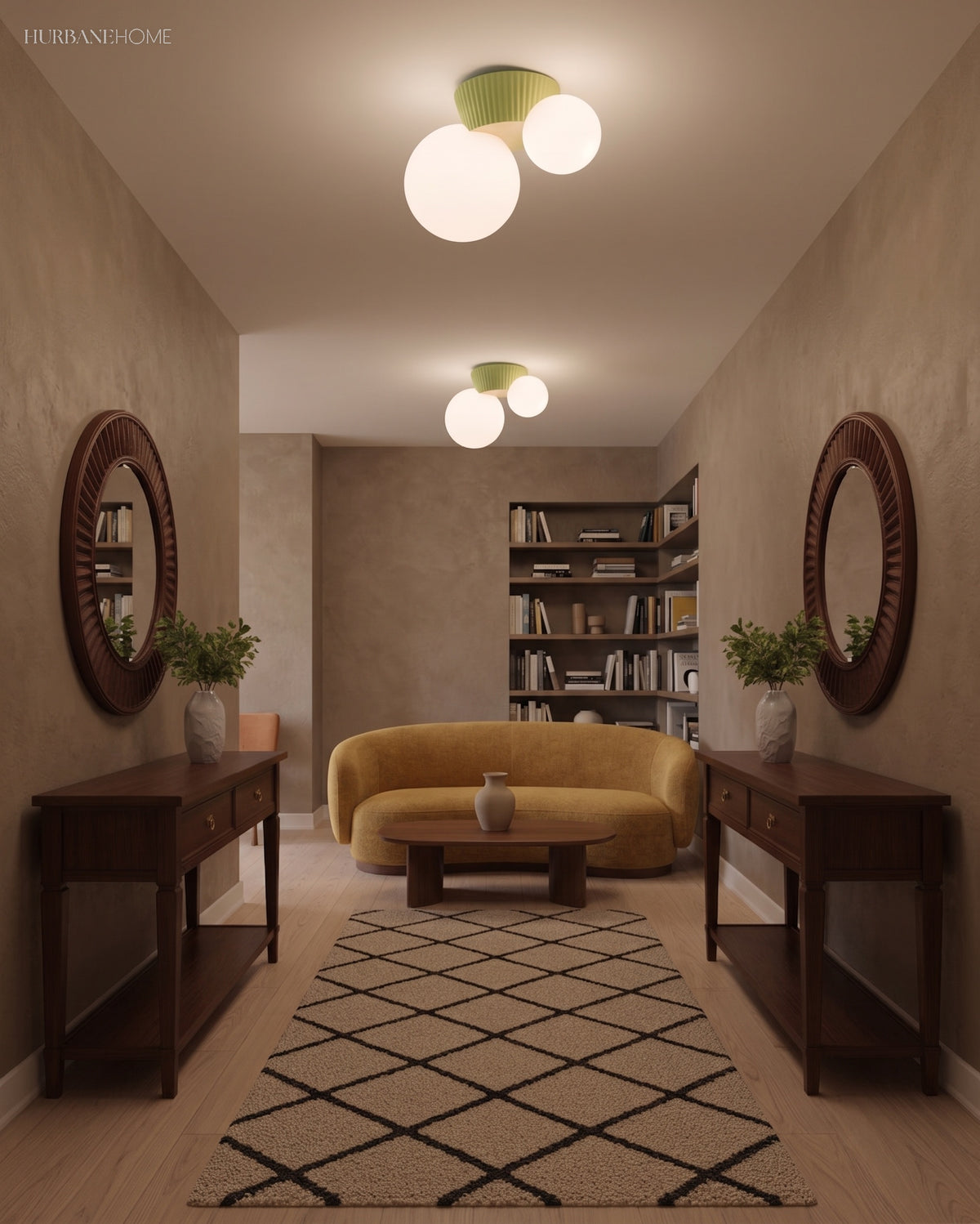 Ceiling light with two opal globes lit in a hallway between two mirrored consoles