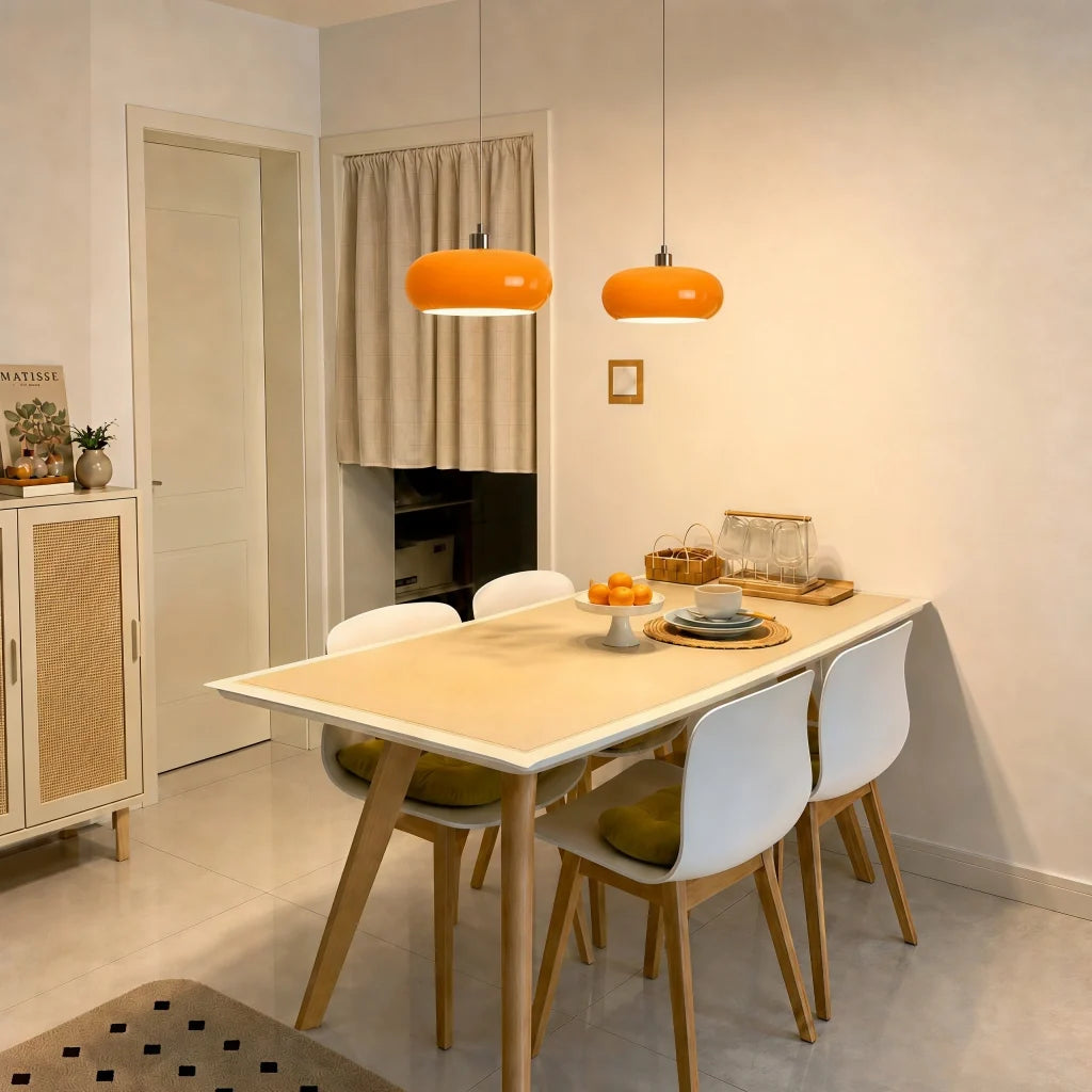 Two orange glass pendant lights above a dining table with white chairs