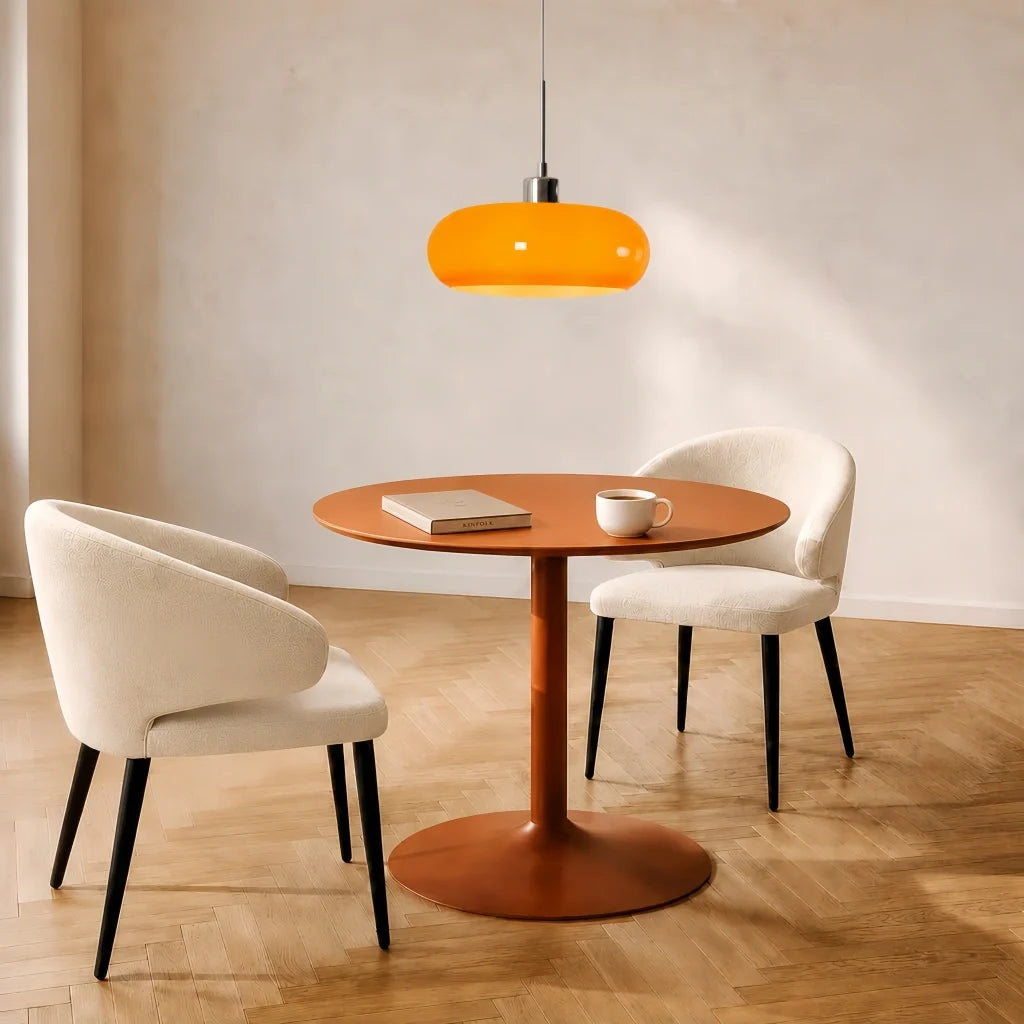 Orange lit glass pendant light over a terracotta dining table