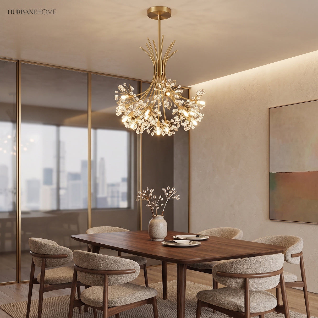 Gold sputnik dandelion chandelier above a wooden dining table