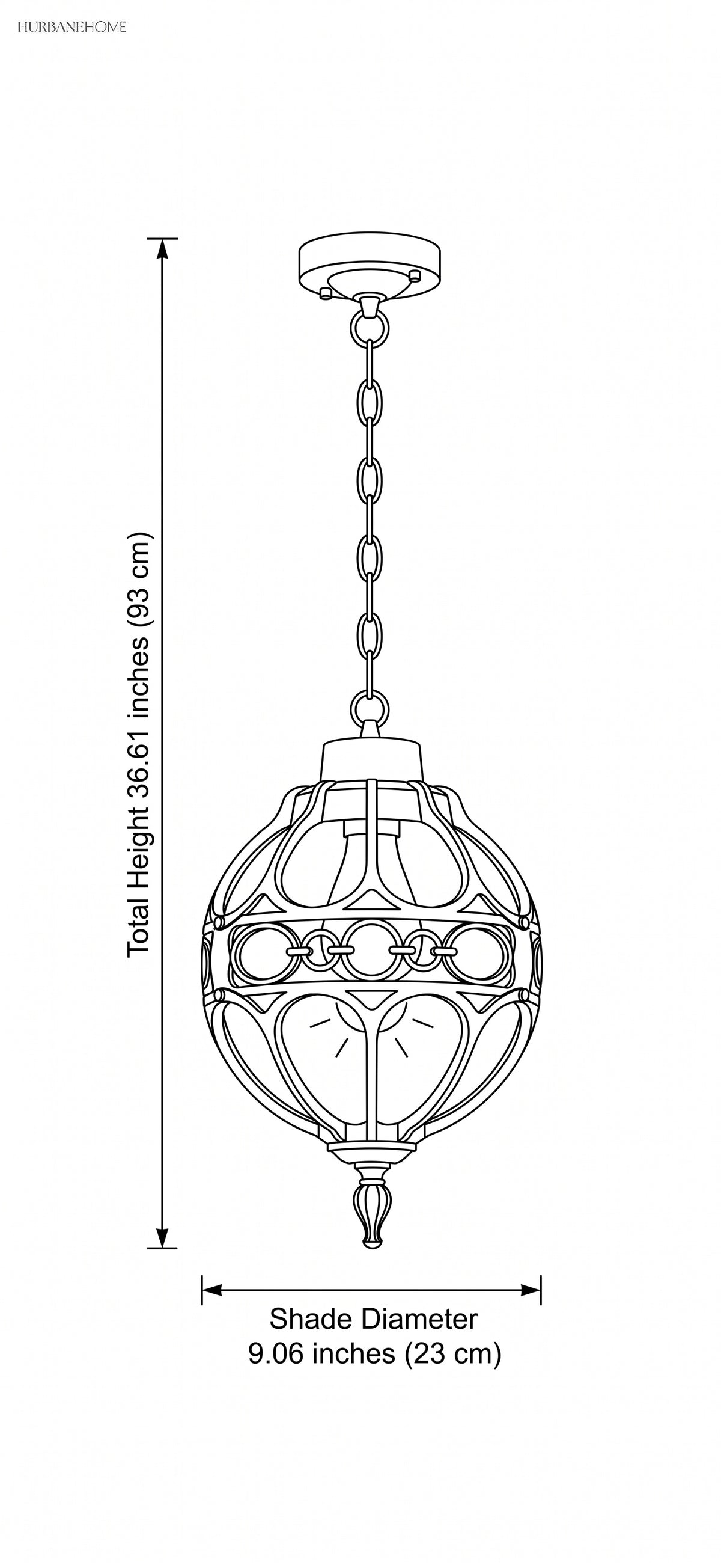 Drawing giving lamp diameter 9.06 inches and total height 36.61 inches