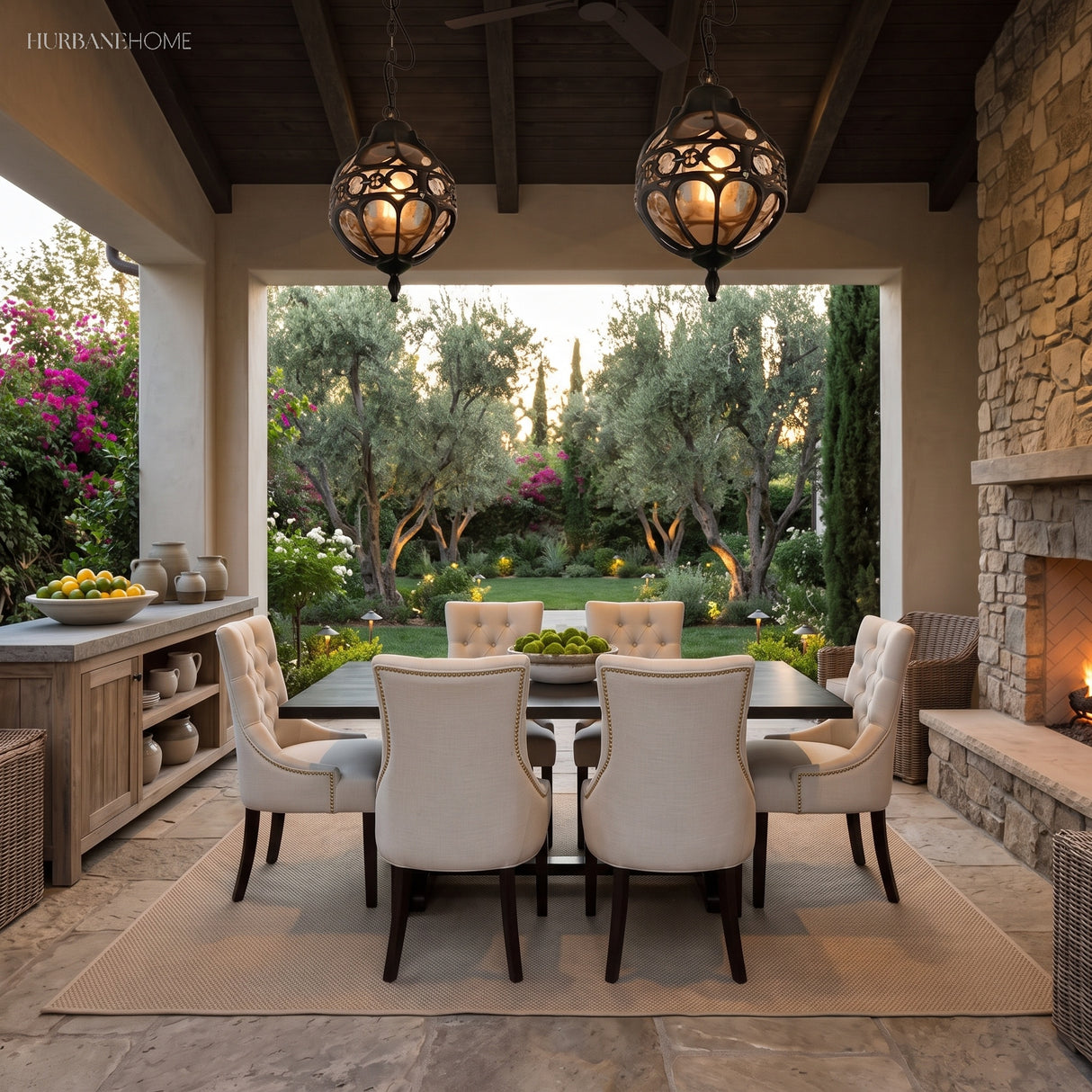 Amber globe pendant hung in an arched corridor with potted plants