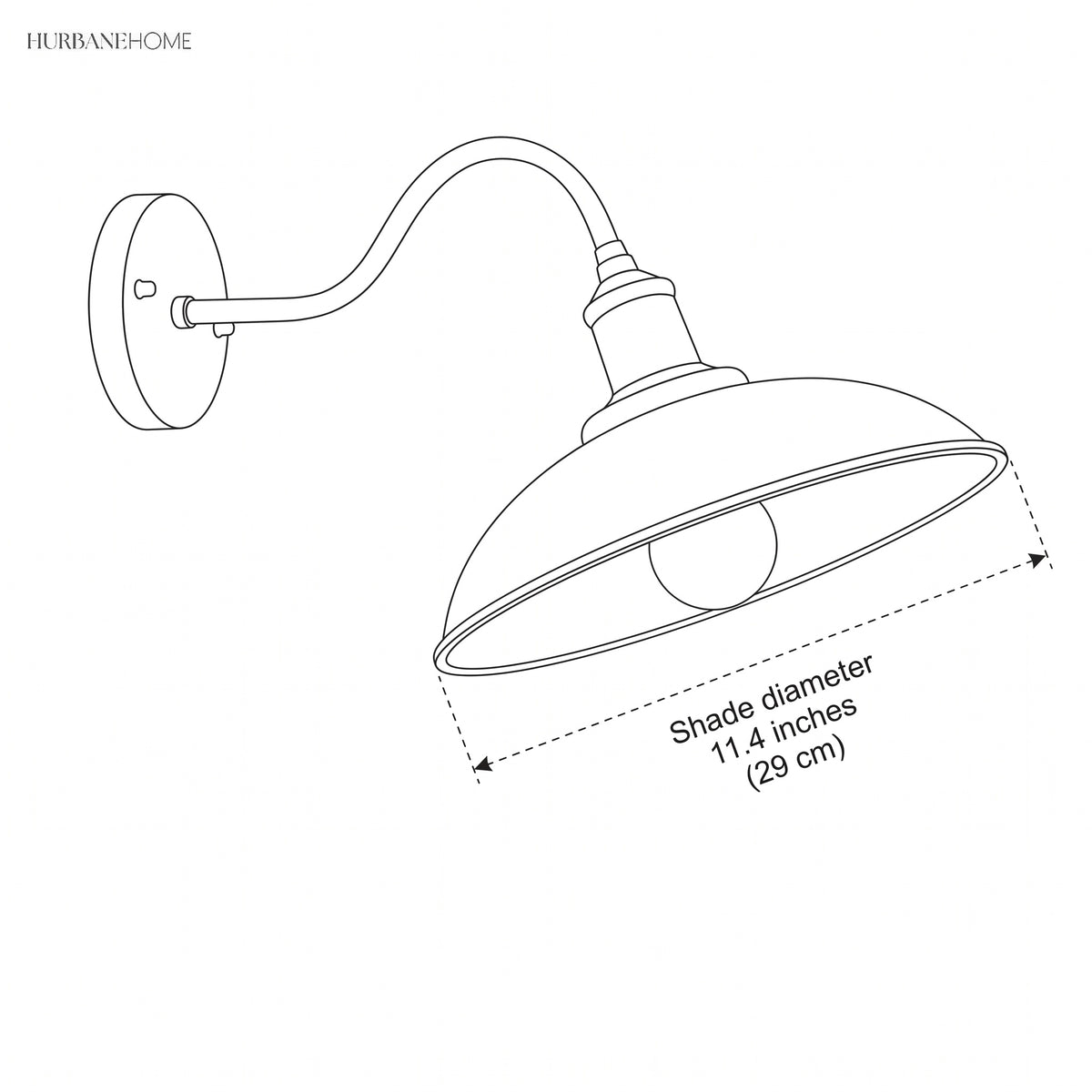 Line drawing of the barn light with an 11.4 in shade diameter label