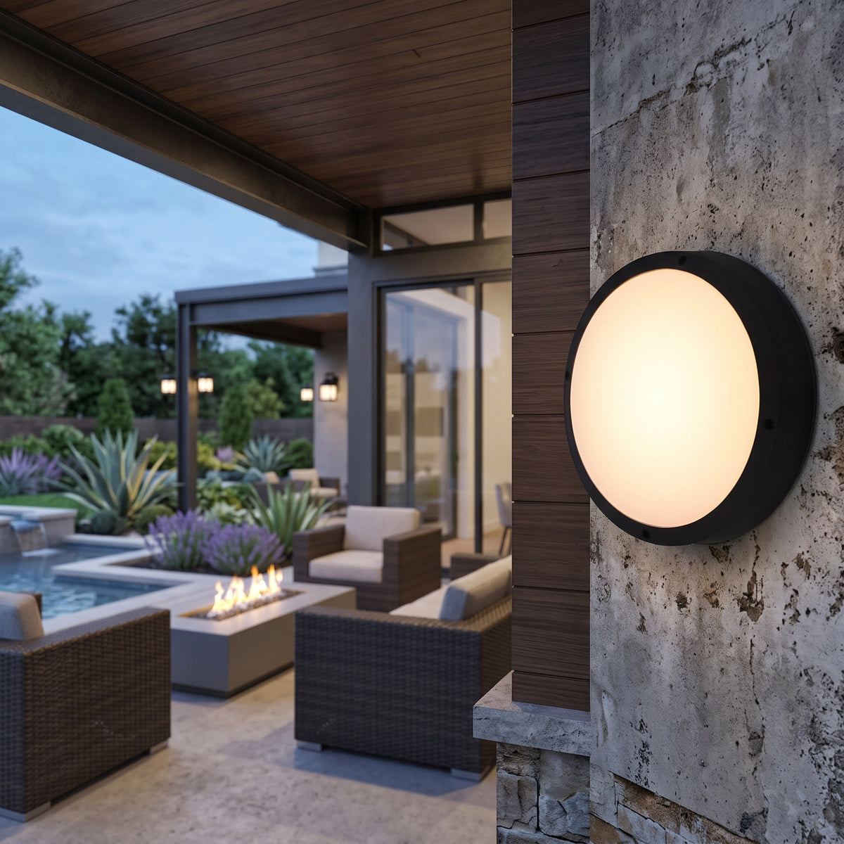 Round LED outdoor porch light main product image on a plain background