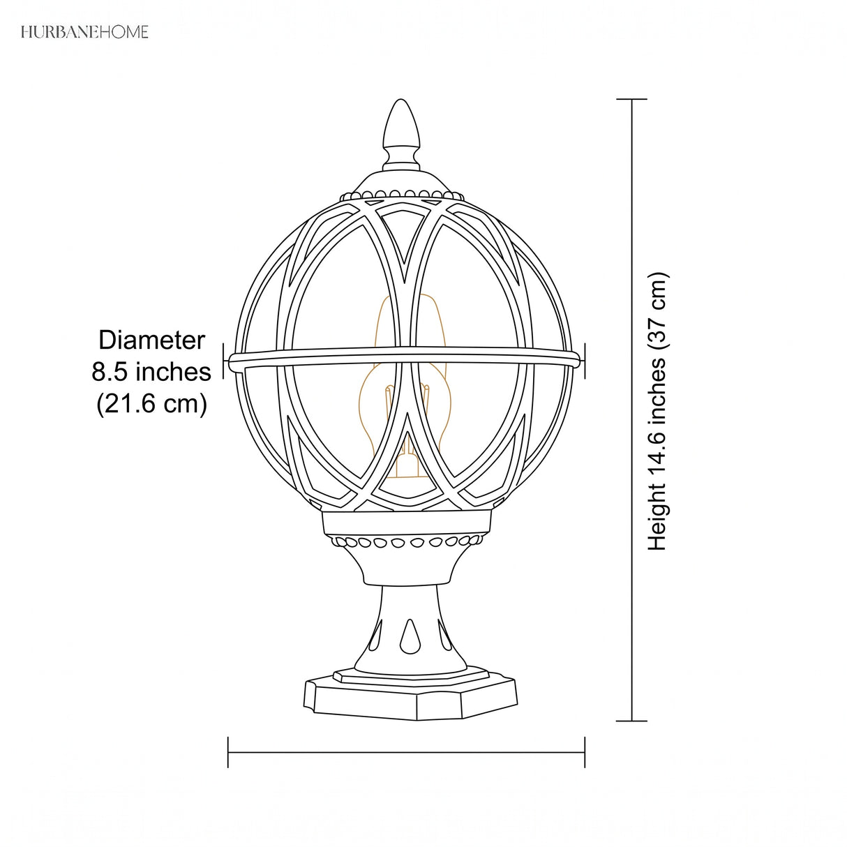 Drawing giving globe diameter 8.5 inches and overall height 14.6 inches