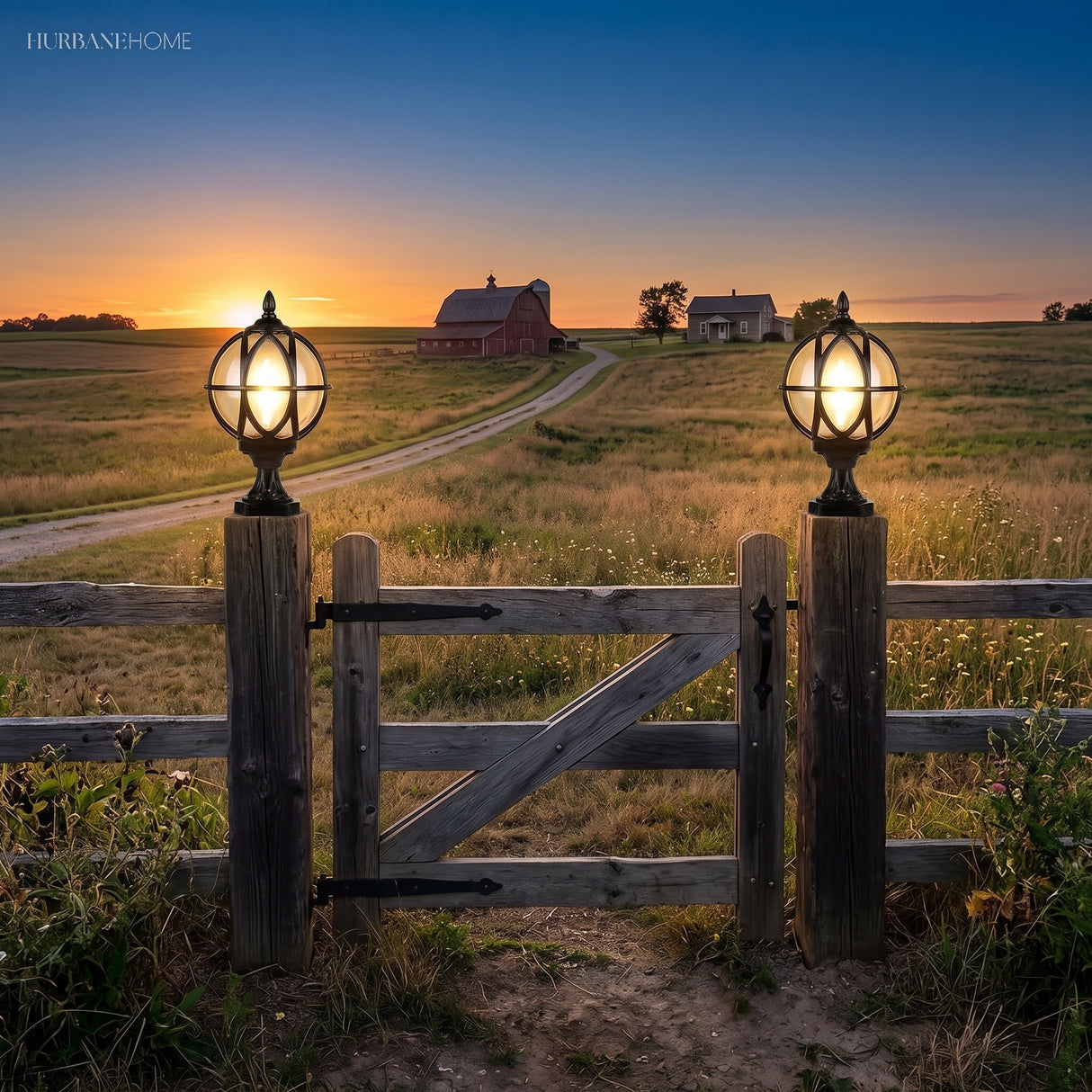 Caged globe post light glowing on a timber fence post at dusk