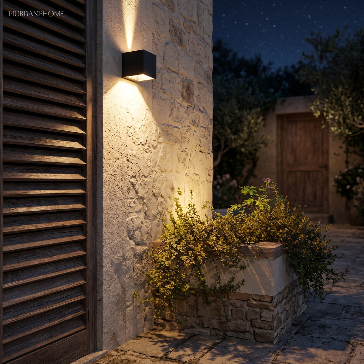 Cube lights spaced along white brickwork with overlapping beams