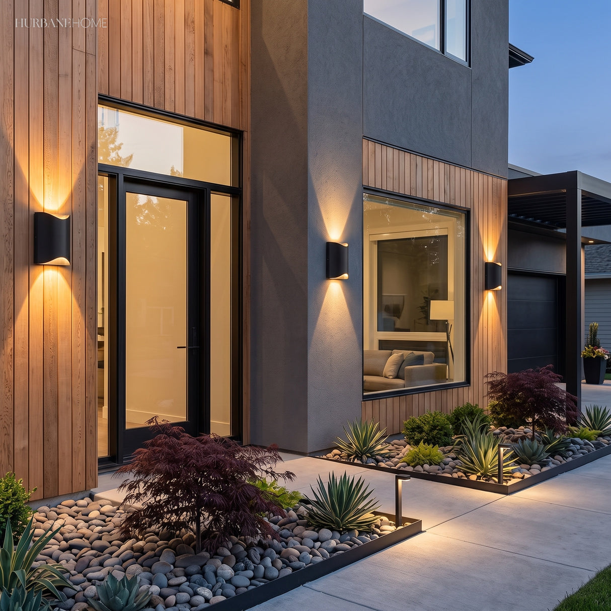 Rippled sconce beside a timber front door with beams above and below