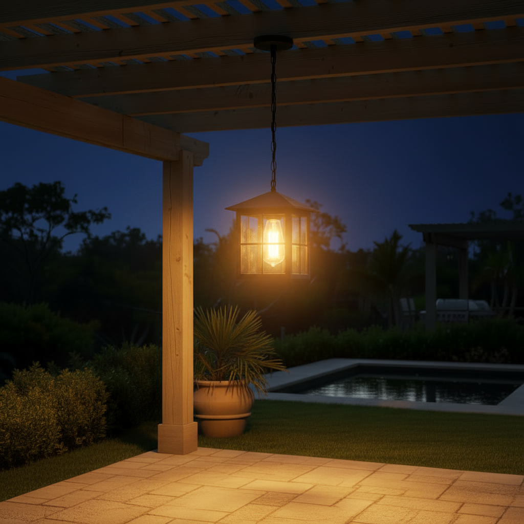 A black metal outdoor pendant light hangs over a wooden dining table and wicker chairs on a covered patio, with a pool and greenery in the background at sunset.